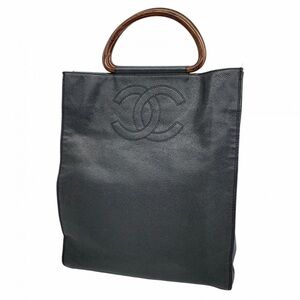 Authentic CHANEL grained calf skin leather wood top black satchel